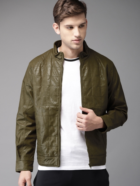 

Moda Rapido Men Olive Green Solid Biker Jacket