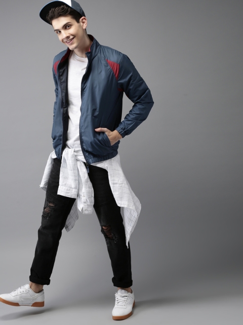 

HERE&NOW Men Navy Solid Light Weight Sporty Track Jacket, Navy blue
