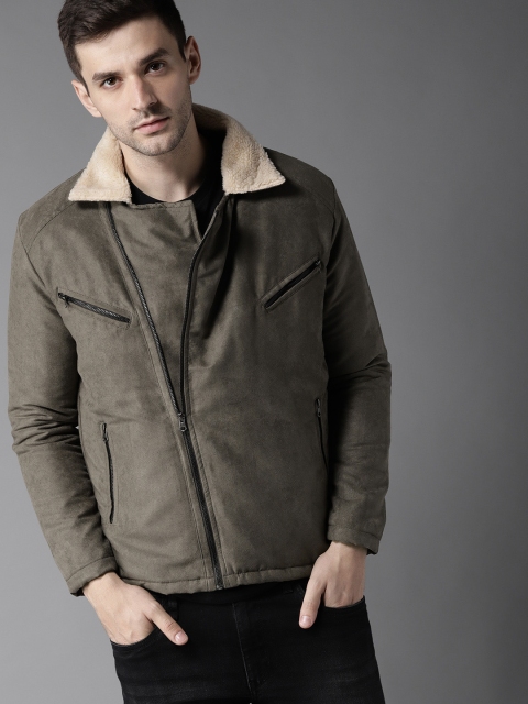 

HERE&NOW Men Olive Green Solid Suede Finish Asymmetric Closure Padded Jacket