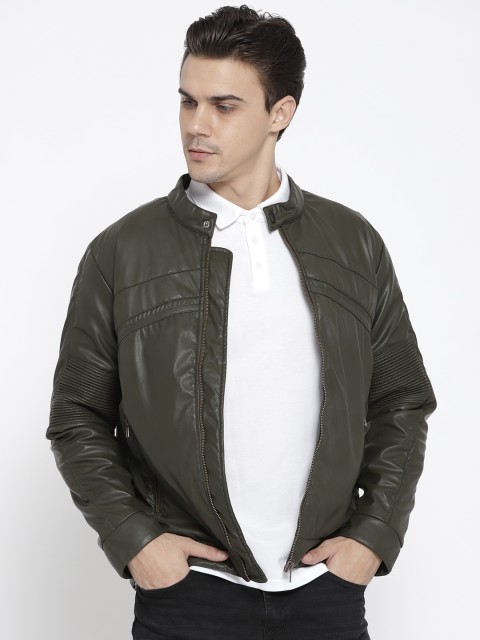 

Moda Rapido Men Olive Green Solid Faux Leather Tailored Jacket