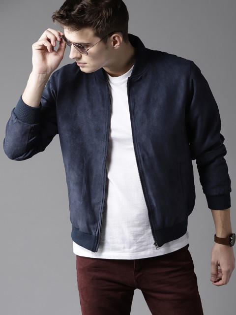 

Moda Rapido Men Navy Blue Solid Bomber Jacket