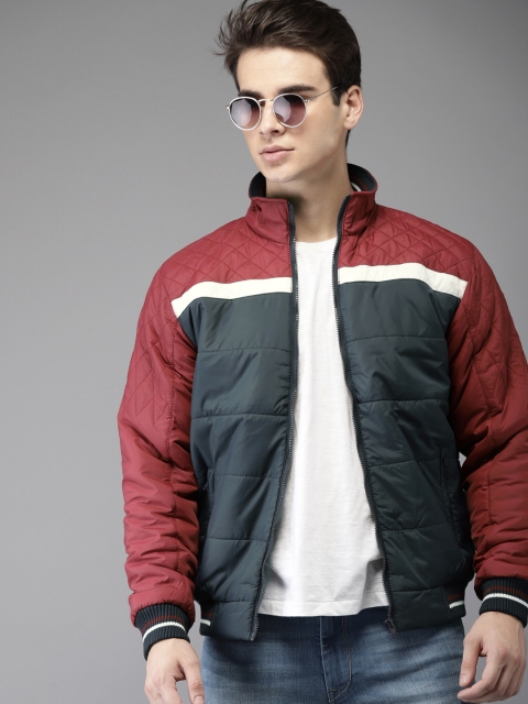 

HERE&NOW Men Maroon & Navy Colourblocked Bomber
