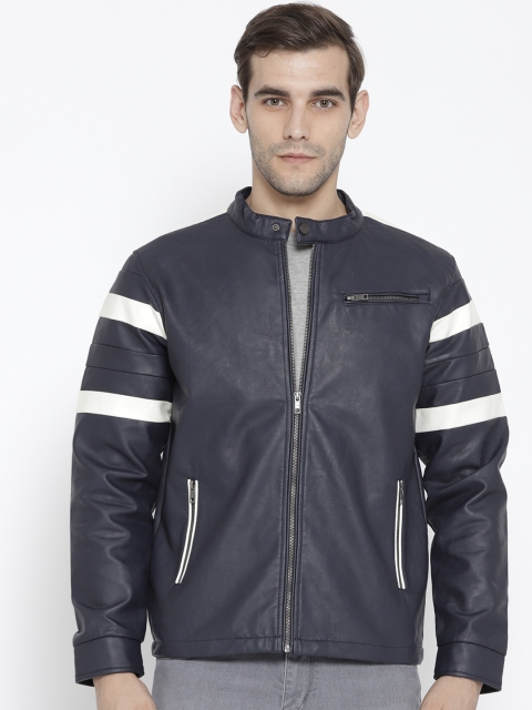 

Moda Rapido Men Navy Blue Solid Biker Jacket