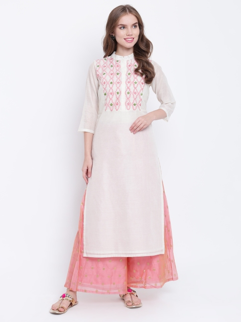 

Shakumbhari Women White & Pink Embroidered Straight Kurta