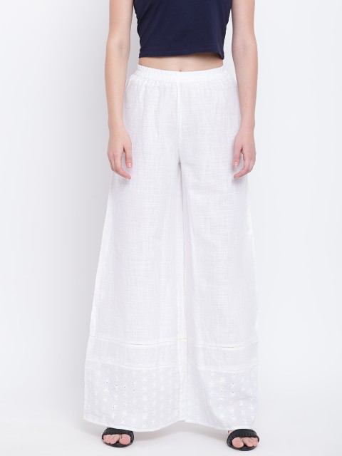 

Shakumbhari Women White Hem Design Wide Leg Palazzos