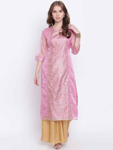 

Shakumbhari Women Pink & Gold-Toned Printed Straight Kurta