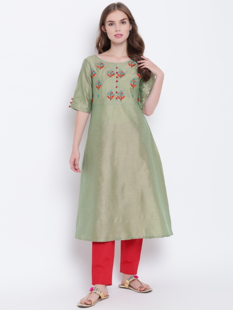 

Shakumbhari Women Green & Red Embroidered A-Line Kurta