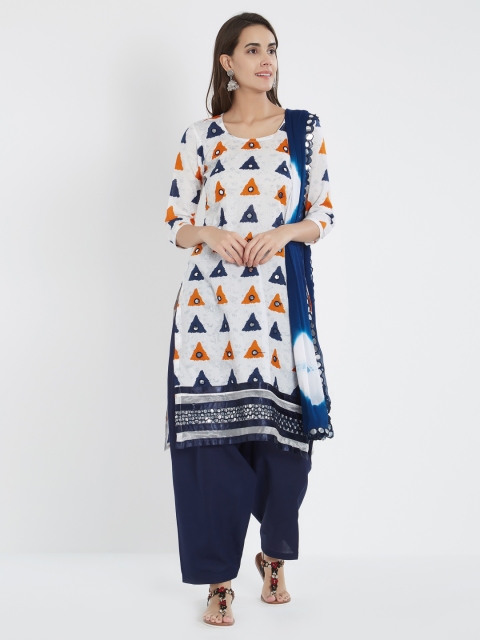 

Viva N Diva White & Navy Blue Cotton Blend Unstitched Dress Material