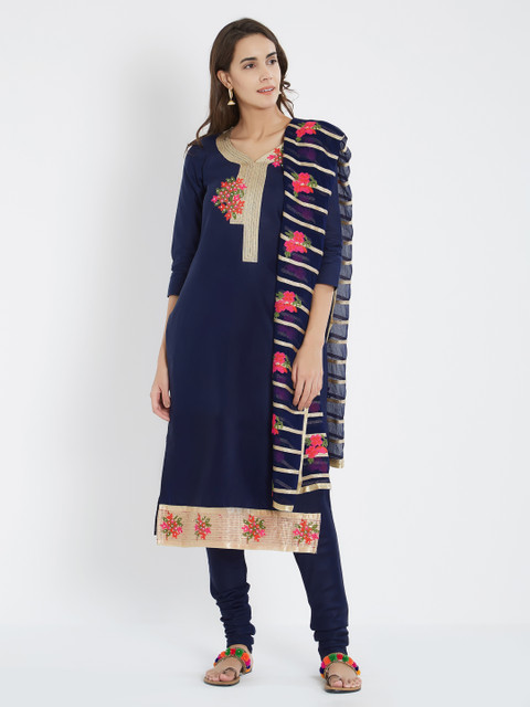 

Viva N Diva Navy Blue & Beige Cotton Blend Unstitched Dress Material