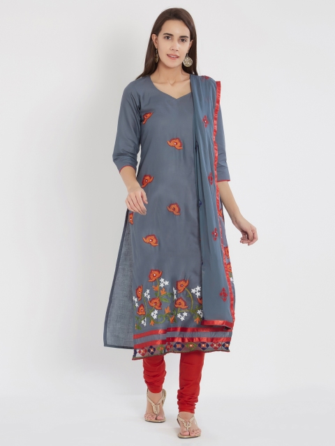 

Viva N Diva Grey & Red Cotton Blend Unstitched Dress Material