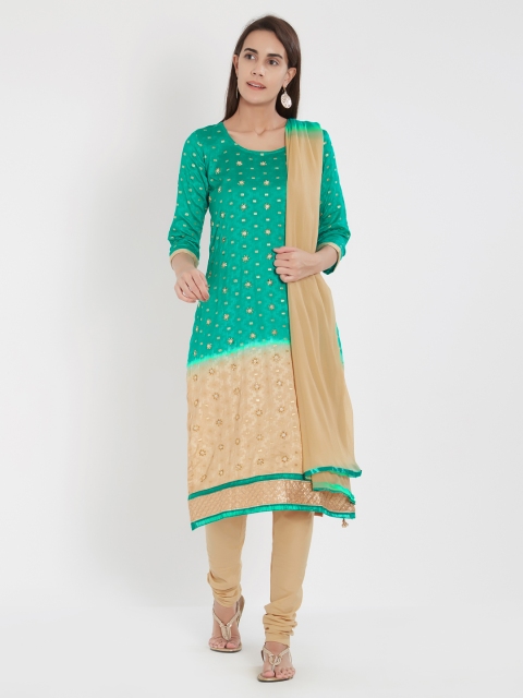 

Viva N Diva Beige & Sea Green Cotton Blend Unstitched Dress Material