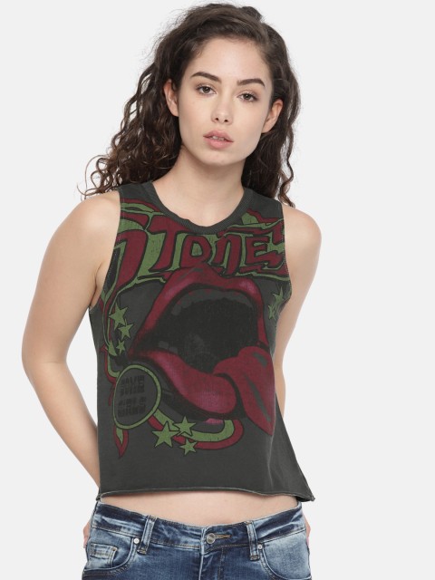 

AMERICAN EAGLE OUTFITTERS Grey Printed Crop Pure Cotton Top