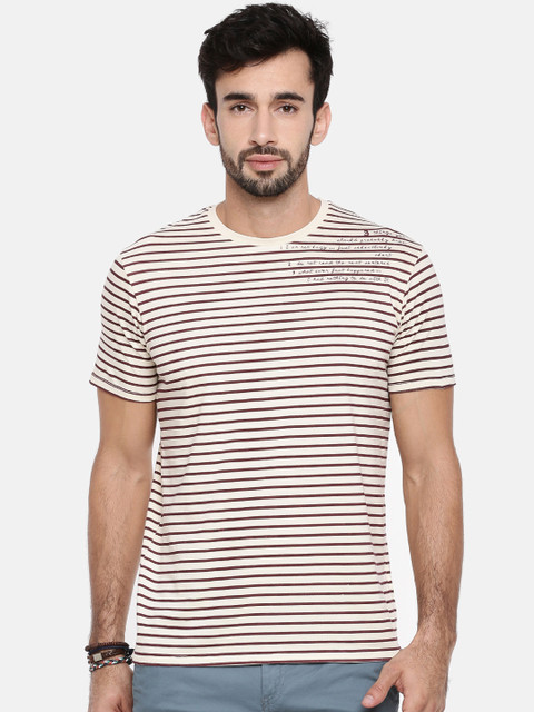 

Breakbounce Men Off-White Striped Round Neck T-shirt