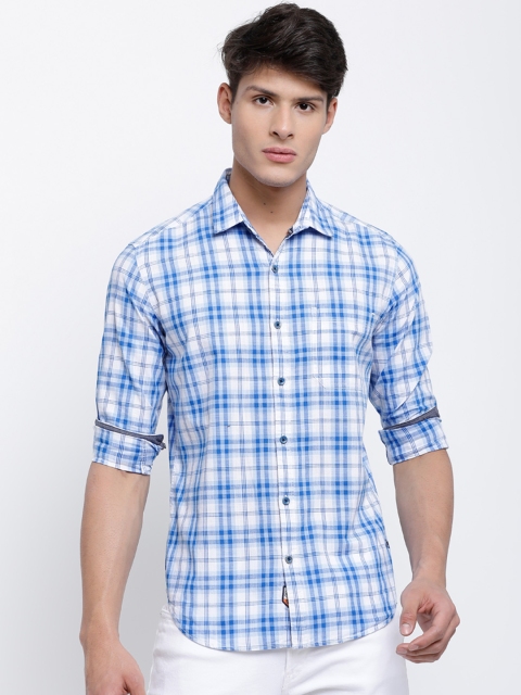 

LOCOMOTIVE Men White & Blue Slim Fit Checked Casual Shirt