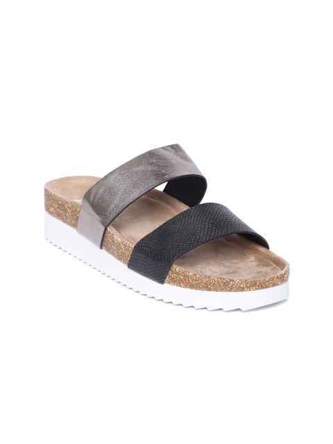

Dune London Women Black & Gunmetal-Toned Solid Open Toe Flats