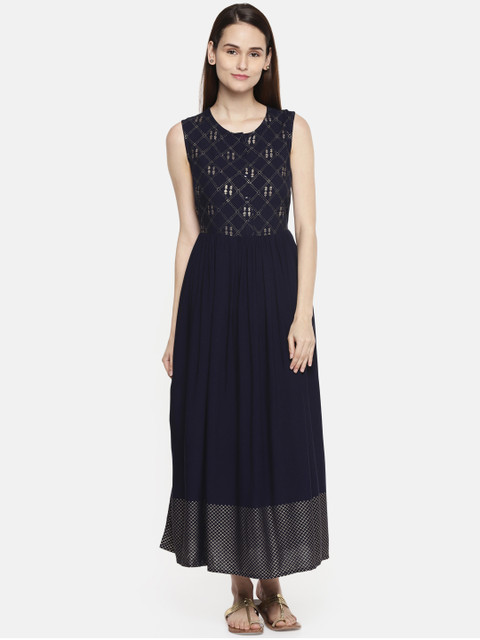 

AKKRITI BY PANTALOONS Women Navy Blue Printed Fit and Flare Dress
