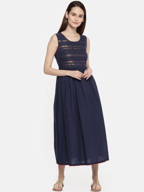 

AKKRITI BY PANTALOONS Women Navy Blue Striped Fit and Flare Dress