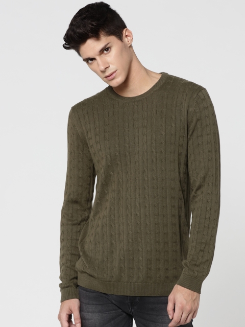 

ONLY & SONS Men Olive Green Self-Design Pullover Sweater