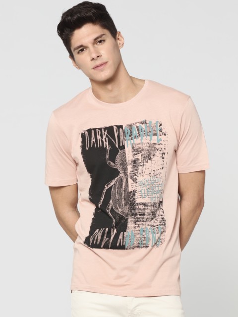

ONLY & SONS Men Peach-Coloured Printed Round Neck T-shirt