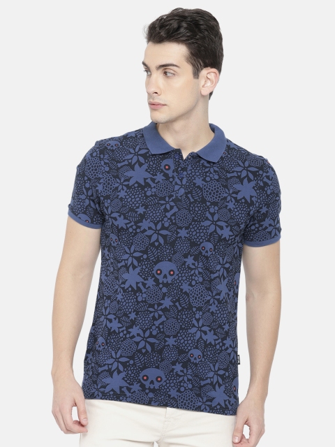 

ONLY & SONS Men Blue & Black Printed Polo Collar T-shirt