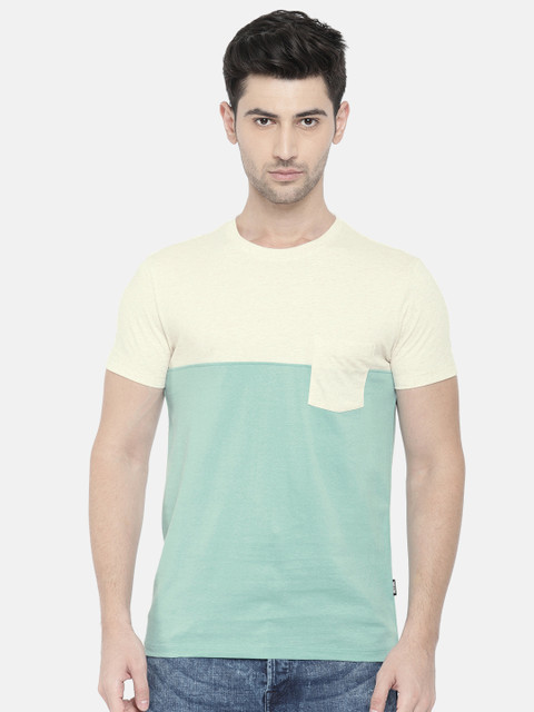 

ONLY & SONS Men Off-White & Blue Colourblocked Round Neck T-shirt