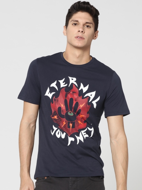 

ONLY & SONS Men Navy Printed Round Neck T-shirt, Navy blue