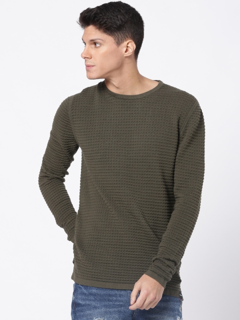 

ONLY & SONS Men Olive Green Self-Design Pullover Sweater