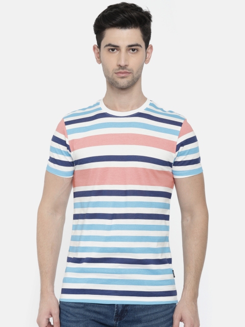 

ONLY & SONS Men White & Blue Striped Round Neck T-shirt