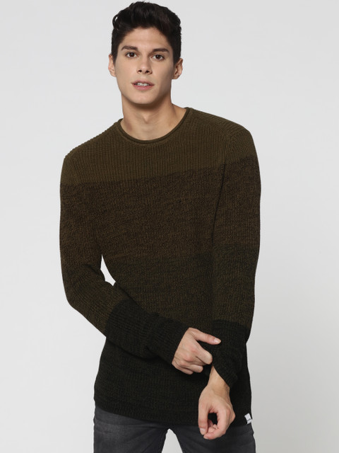 

ONLY & SONS Men Olive Green Self-Design Pullover Sweater