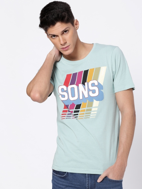 

ONLY & SONS Men Blue Printed Round Neck T-shirt