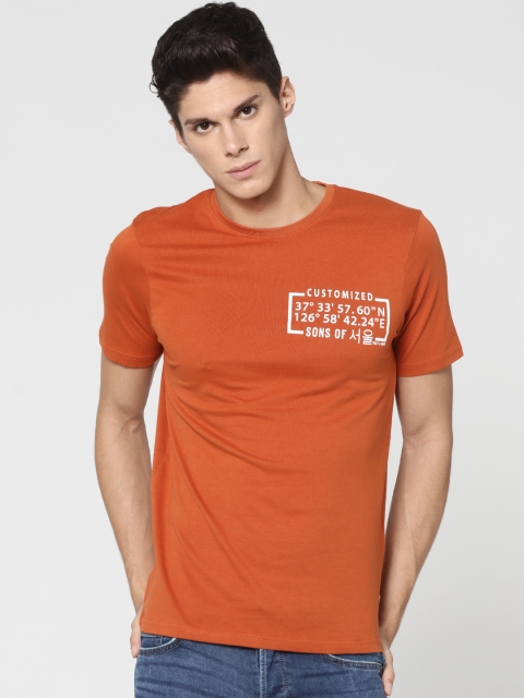 

ONLY & SONS Men Rust Brown Printed Round Neck T-shirt