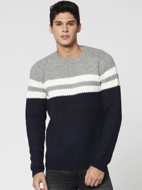 

ONLY & SONS Men Navy Blue & Grey Colourblocked Pullover