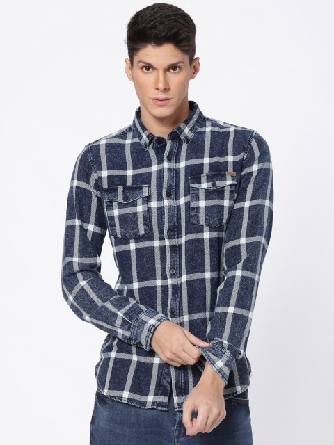 

ONLY & SONS Men Blue & White Slim Fit Checked Casual Shirt