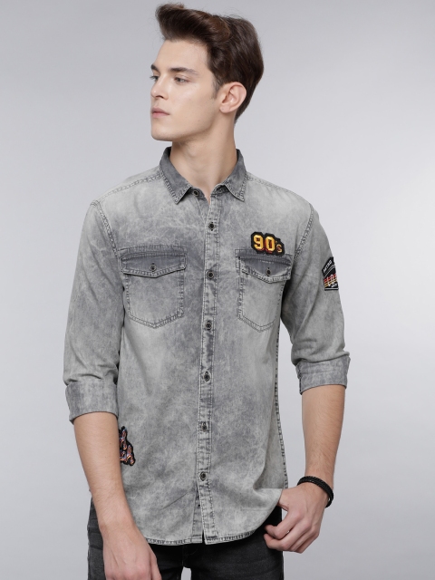 

LOCOMOTIVE Men Grey Slim Fit Faded Casual Shirt