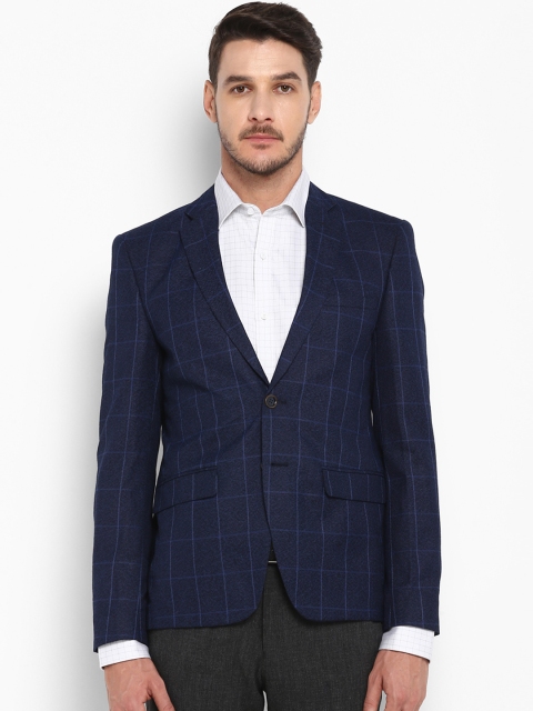 

Park Avenue Navy Checked Regular Fit Single-Breasted Blazer, Navy blue