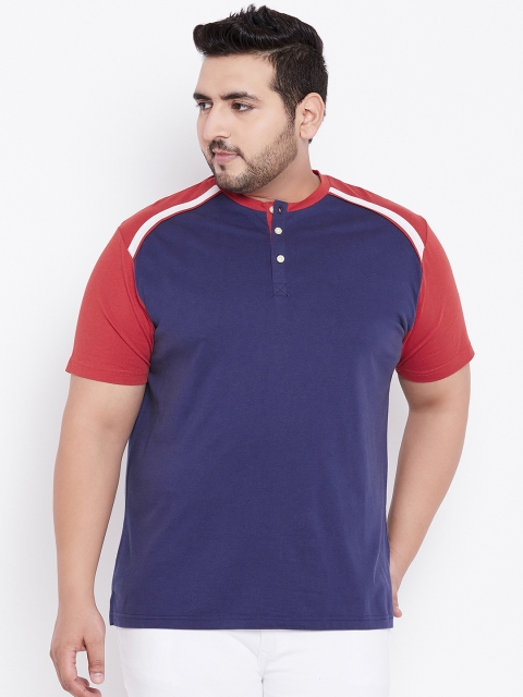 

bigbanana Plus Size Men Navy Blue Red Solid Henley Neck T-shirt