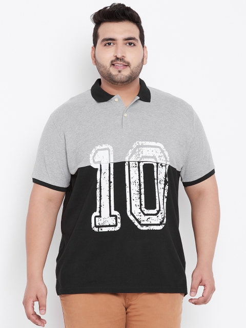 

bigbanana Plus Size Men Black Grey Melange Colourblocked Polo Collar T-shirt
