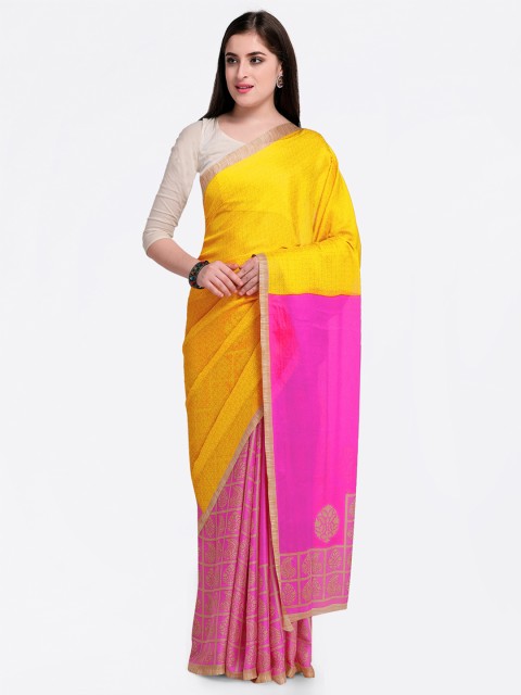 

Satrani Yellow & Pink Pure Georgette Printed Saree