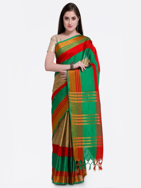 

Satrani Beige & Green Poly Silk Woven Design Saree