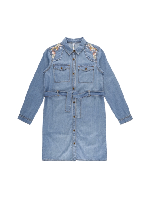 

POPPERS by Pantaloons Girls Blue Printed Denim Shirt Dress