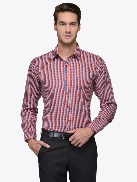 

English Navy Men Orange & Navy Blue Slim Fit Checked Formal Shirt