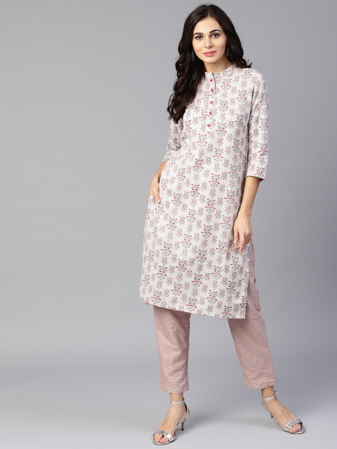 

Yufta Women Grey & Coral Pink Printed Kurta with Trousers