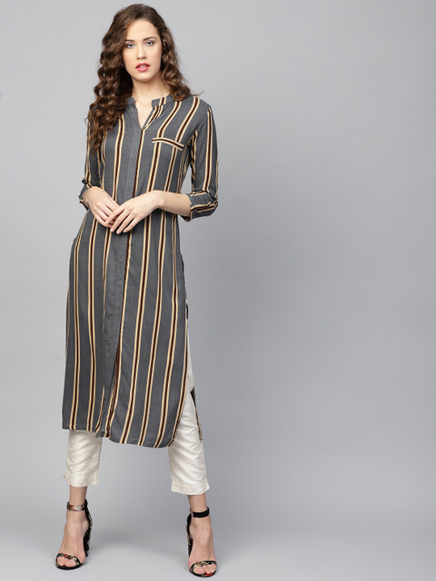 

Yufta Women Grey & Beige Striped Straight Kurta