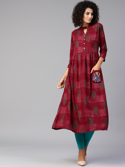 

Yufta Women Maroon Printed A-Line Kurta