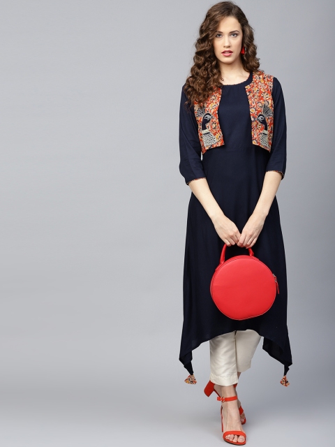 

Yufta Women Navy Blue Solid A-Line Kurta with Ethnic Jacket