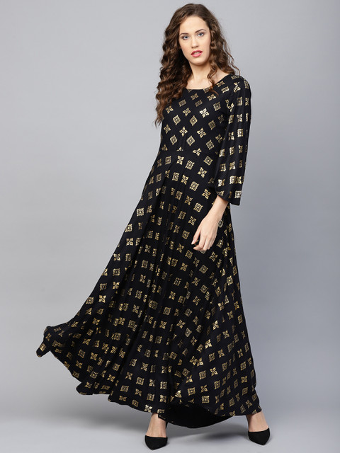

Yufta Women Black & Golden Printed Anarkali Kurta