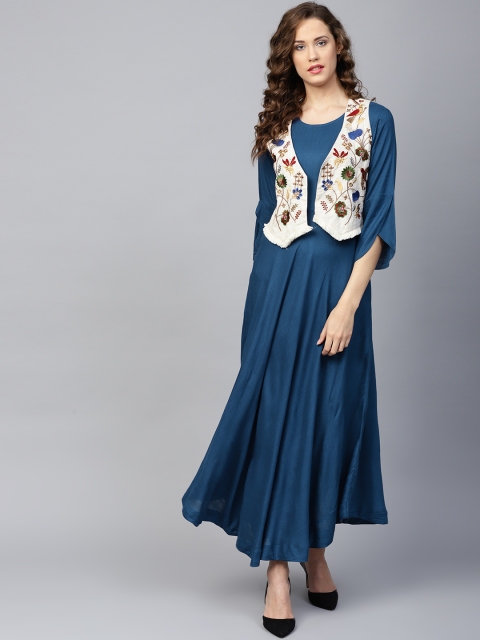 

Yufta Women Teal Blue Solid A-Line Kurta with Ethnic Jacket