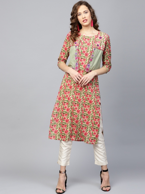 

Yufta Women Beige & Pink Floral Print Straight Kurta with Ethnic Jacket