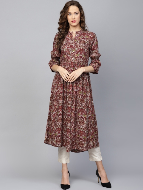 

Yufta Women Maroon & Grey Printed A-Line Kurta