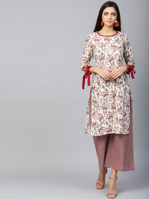 

Yufta Women Off-White & Maroon Printed Kurta with Palazzos